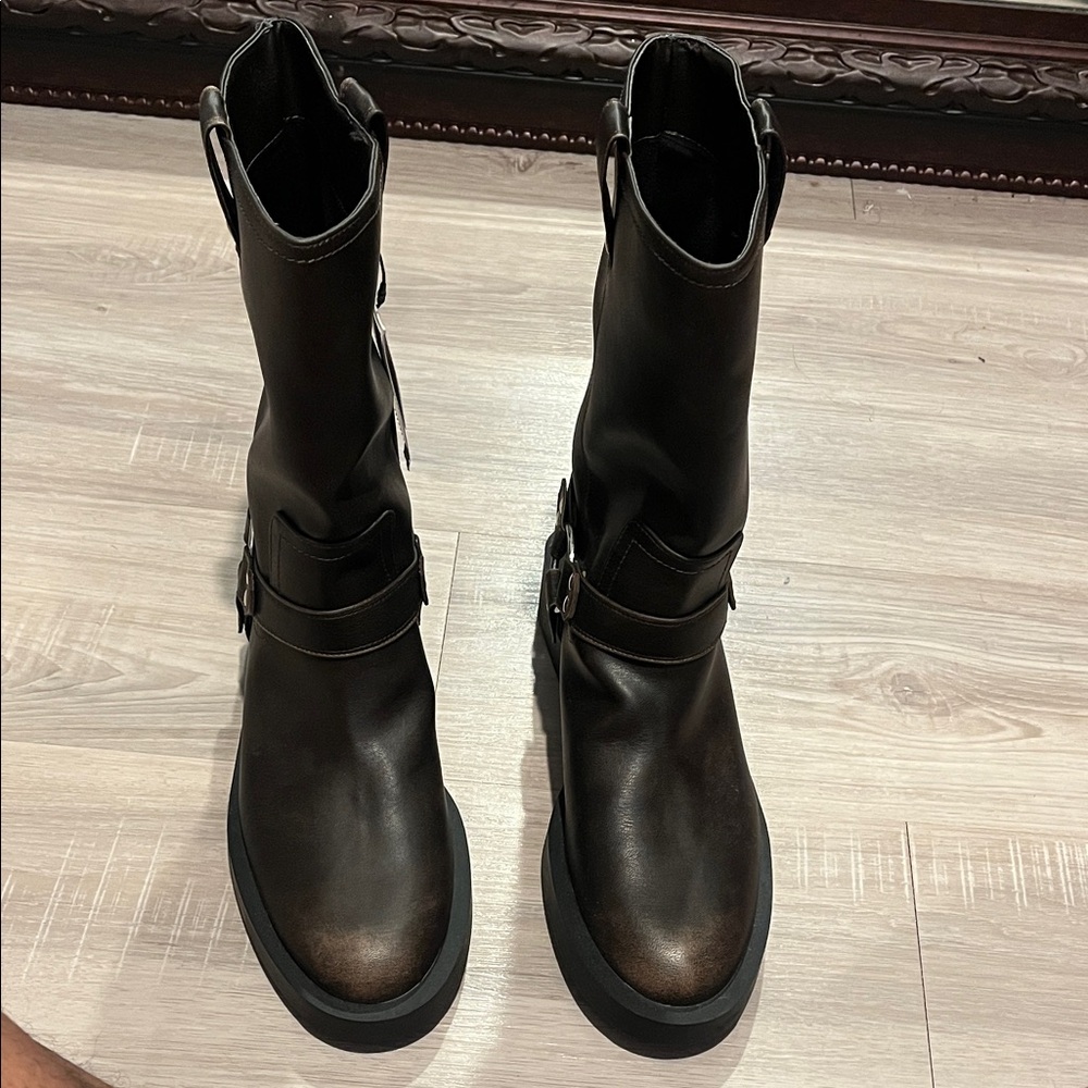 Zara Brown Faux Leather Boots with Harness Buckle